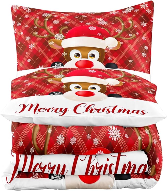LUVIVIHOME 3PCS Merry Christmas Comforter Set Full Size, Snowflake Cartoon Funny Cute Elk Deer Bedding, Xmas Christmas Bedroom Decor, Soft Microfiber White Red Quilt, 2 Pillow Shams