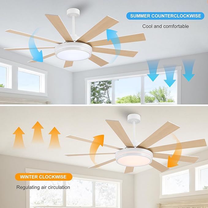 WINGBO 60" Ceiling Fan with Light - Large LED Dimmable Light, 6-Speed Remote Control, Reversible DC Motor, Modern Ceiling Fan 9 Blades for Bedroom, Living Room, Indoor Outdoor White and Oak
