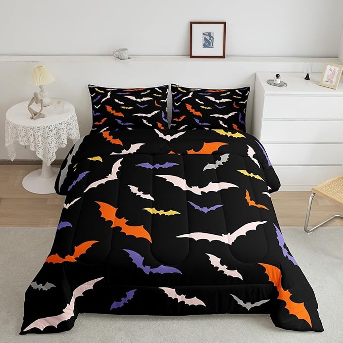 Erosebridal Bat Quilt Halloween Bedroom Decor Bedding Set King Size for Kids Teens Adults Bedroom Purple Gothic Bat Comforter Set with 2 Pillow Cases,Spooky Duvet Insert