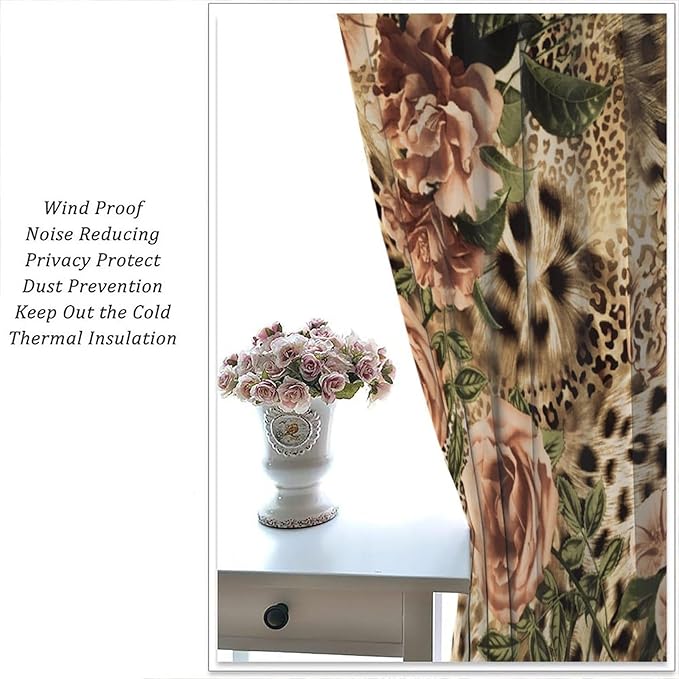 Leopard Floral Blackout Curtains, Cute Boho Floral Cheetah Animal Pattern Safari Natural Theme Window Treatments for Bedroom Living Room 42" W X 54" L