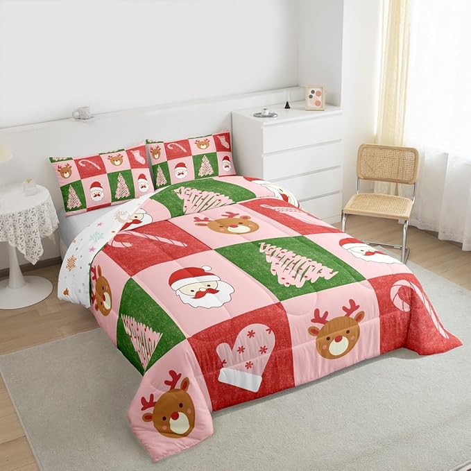 Feelyou Merry Christmas Bedding Set Soft for Boys Girls, Xmas Tree Santa Claus Comforter Set Full Size Candy Cane Deer Duvet Quilt Microfiber Patchwork Bedroom Decor 3 Pcs with 2 Pillow Cases
