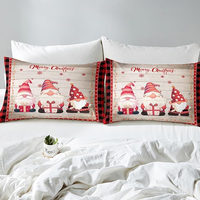 Christmas Gnomes Duvet Cover Set King Size, Rustic Wooden and Red Plaid Xmas Comforter Cover with 2 Pillowcases, New Year Theme Bedding Set for Kids Boy Girls Lightweight Bedspread Cover,No Comforter