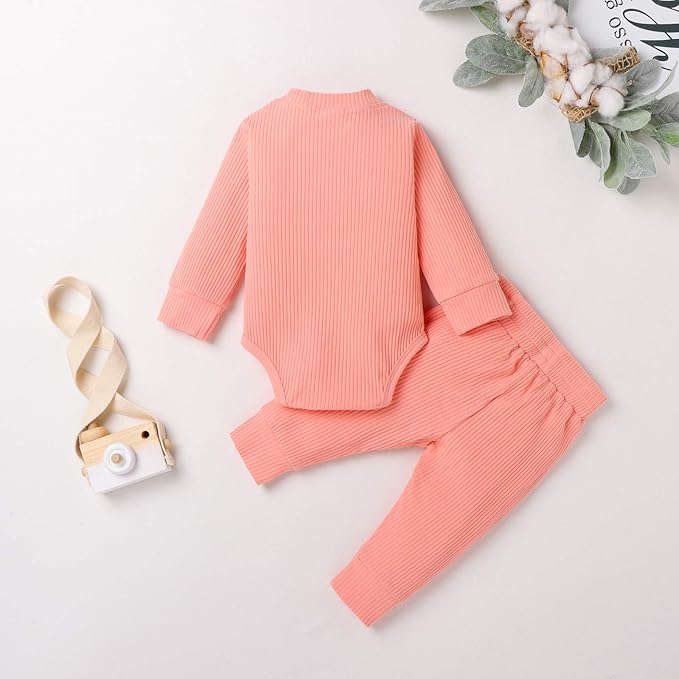 Newborn Baby Boy Girl Clothes Ribbed Knitted Cotton Long Sleeve Romper Long Pants Solid Color Fall Winter Outfits