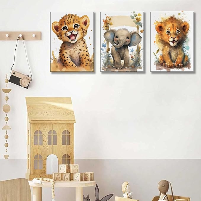 HKMXCD 3Pcs Baby Safari Animal Canvas Wall Art Jungle Watercolor Animal Wall Decor Picture Lovely Painting Artwork Kids Room Prints for Boy Girl Room Home decoration 12x16in