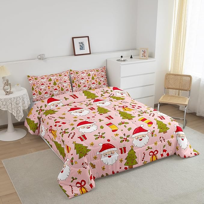 Feelyou Christmas Bedding Set for Kids Boys Girls Twin Size Cute Santa Claus Comforter Set Ultra Soft Comforter Xmas Tree Duvet Quilt Bedroom Decor Berries Pattern Printed Quilt