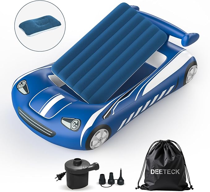 Inflatable Toddler Travel Bed - Kids Air Mattress with Car Design,Toddler Blow Up Mattress for Baby Camping, Travel, Hotel, Grandma's Sleepovers or Home Use, Includes Electric Pump