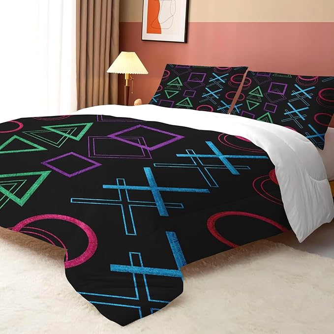 Game Comforter Set Full/Queen Size Geometric Bedding for Kids Boys Men Black Abstract Bedroom Decor Quilt Bed Sets, 1 Comforter 2 Pillowcases