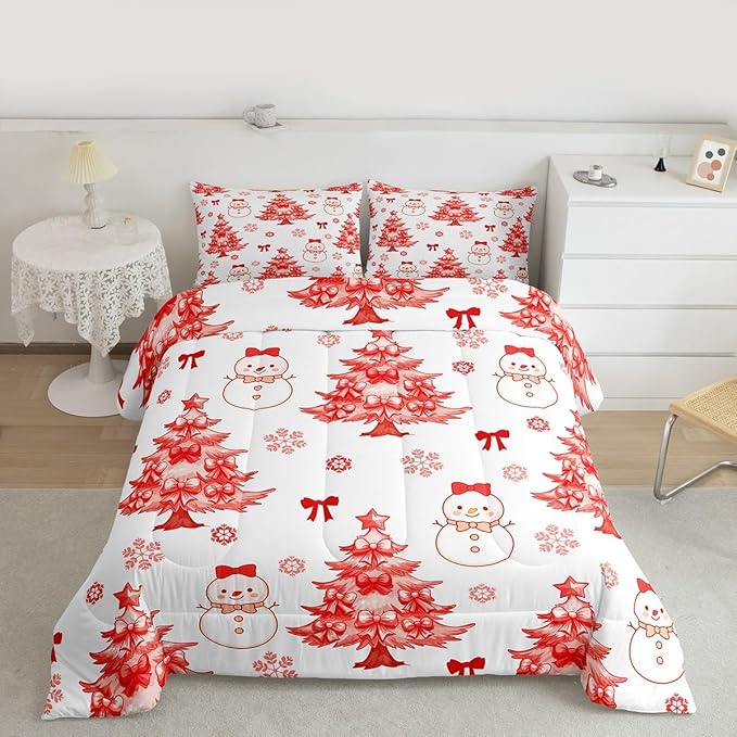 Feelyou Merry Christmas Comforter Set Full Size Cute Snowman Bedding Set for Kids Boys Girls Cartoon Bowknot Duvet Quilt Christmas Tree Microfiber 3 Pcs with 2 Pillow Cases