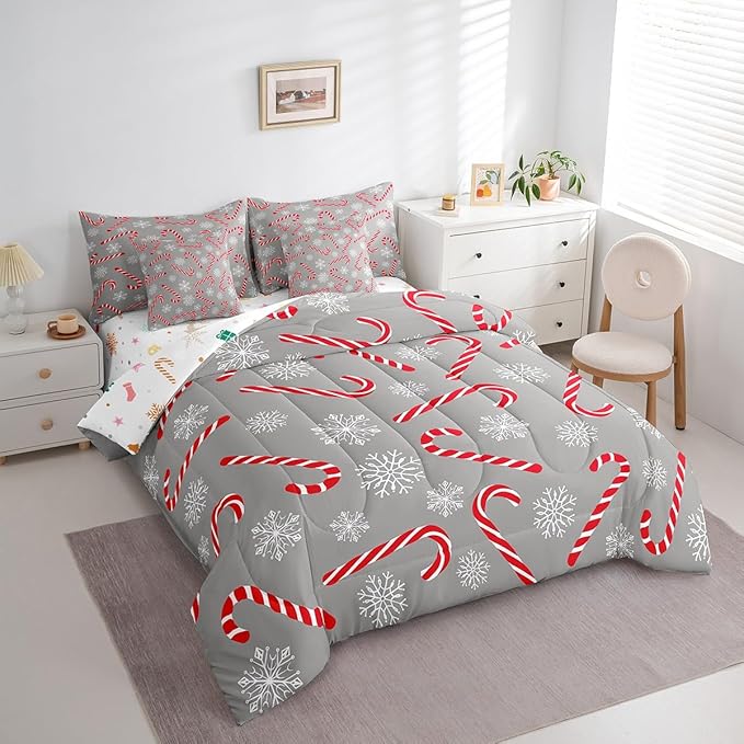 Erosebridal Xmas Candy Cane King Bedding Set 7 Piece,Merry Christmas Bed in A Bag for Kids Boys Girls,Winter Snowflake Comforter Set Grey Christmas Ornaments Sheet Set with Comforter