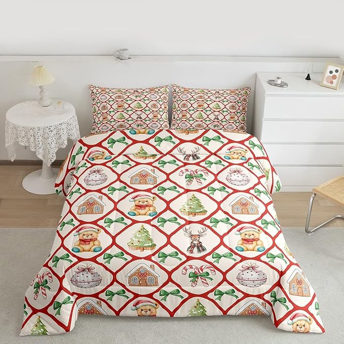 Merry Christmas Kids Comforter Set Queen Size,Kawaii Bowknot Xmas Bear Bedding Set,Room Decor,Pine Tree Geometric Lattice Quilt Comforter,Beige Red Green Duvet Set Bedroom Quilt Set,2 Pillowcases
