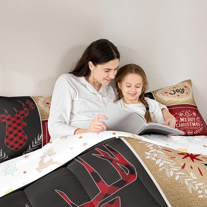 Deer Antler Kids Christmas Comforter Set King Size,Elk Plam Leaves Bedding,Girls Boys Adults Bedroom/Xmas Cabin Decor,Plank Lattice Vintage Down Comforter,Rustic Farmhouse Duvet Insert,2 Pillowcases