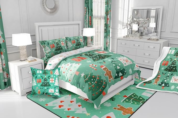 Feelyou Christmas Bedding Set Soft for Boys Girls, Xmas Tree Snowflake Comforter Set Queen Size Gingerbread Man Duvet Quilt Microfiber New Year Gift Bedroom Decor 3 Pcs with 2 Pillow Cases