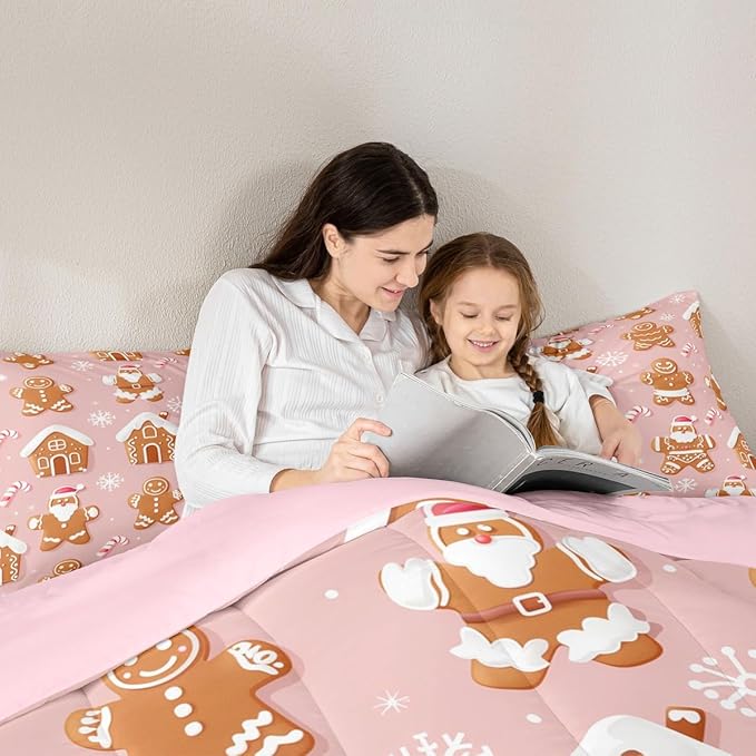 Feelyou Christmas Comforter Set All Season Gingerbread Man Bedding Set with 2 Pillow Cases Santa Microfiber Kids Queen Bedclothes Snowflake Bedroom Decor Duvet Quilt Breathable Soft Lightweight