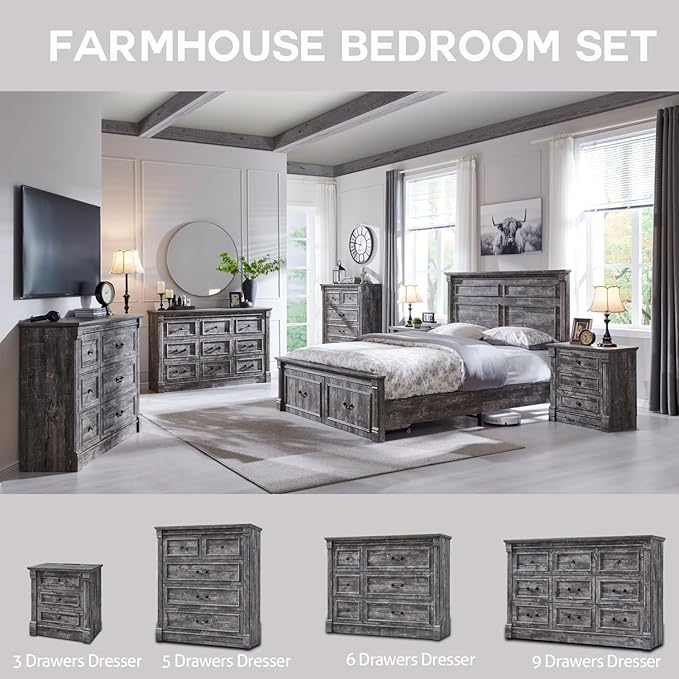 Farmhouse 6 Drawers Dresser for Bedroom, 48" Wide Large Dressers & Chests of Drawers w/Roman Column, Storage Dressers Organizer for Bedroom, Hallway, Living Room, Light Grey