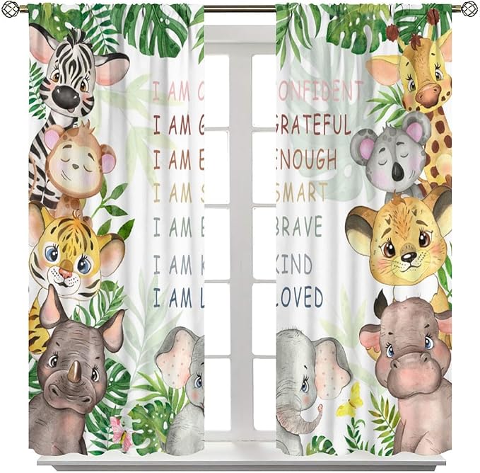 Cartoon Safari Animal Curtains Cute Watercolor Wildlife Jungle Window Treatments for Kids Boys Girls Bedroom Living Room Inspirational Motivational Quotes Nursery Children Drapes W55xL63
