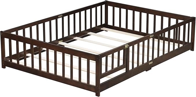 Full Size Floor Bed for Kids, Wood Montessori Floor Beds with Fence Railings, Door & Slats Support, Full Playhouse Bed Frame for Boys Girls, No Box Spring Needed, Espresso