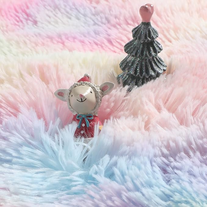 Amdrebio Rainbow Fluffy Small Round Rug 3Ft Kids Rugs for Girls Bedroom, Unicorn Room Decor, Colorful Pastel Shag Carpet for Dorm, Soft Cute Fuzzy Kawaii Circle Area Rugs for Baby Nursery, Playroom