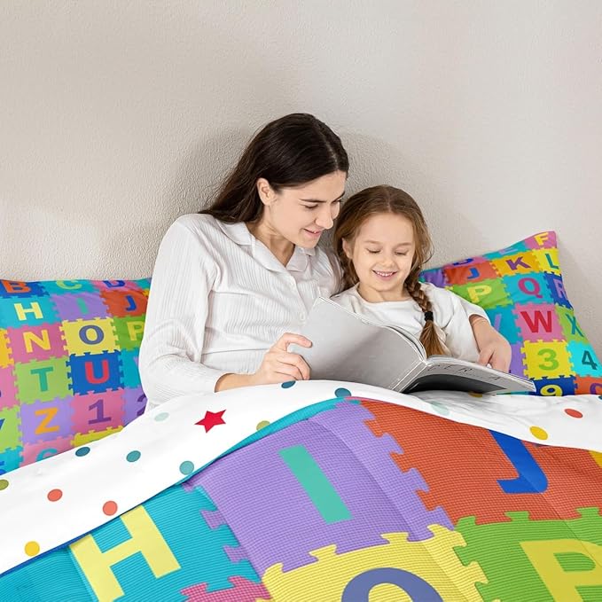 Feelyou Kids Puzzle Alphabet Numbers Comforter Set Queen Size ABC Letters Bedding Set for Kids Boys Girls Educational Duvet Quilt English Learning Bedroom Decor Microfiber 3 Pcs with 2 Pillow Cases