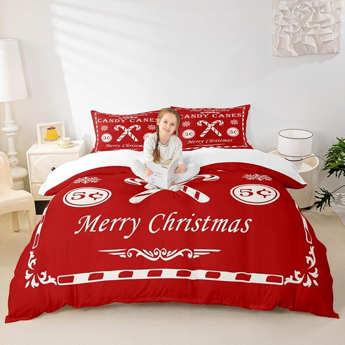 jejeloiu Christmas Bedding Set for Kids Boys Girls Christmas Quote Comforter Cover Set Queen Size Candy Canes Print Duvet Cover Bedroom Decor Xmas Red Bedspread Cover Bedding Collection 3Pcs