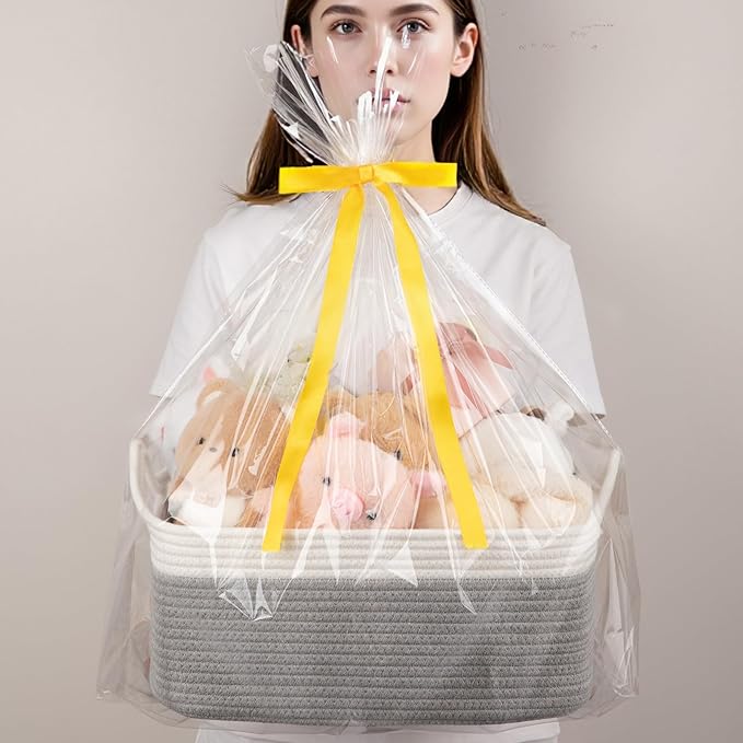 OIAHOMY Woven Rope Basket with Gift Bags and Ribbons, Gift Basket Empty for Baby Shower Birthday, Halloween, Christmas, Cute Cat Ear Handles for Shelf Living Room Bathroom, Grey & White,19L