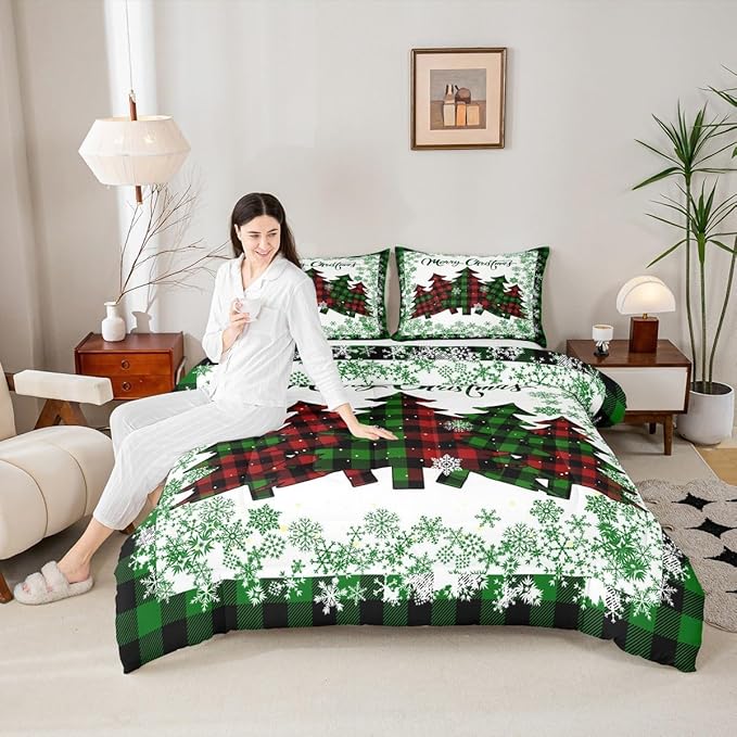 Merry Christmas Comforter Set Toddler Size,Pine Trees Grid Green White Snowflake Glitter Shiny Bedding Set for Kids Girls Boys,Winter Festival Plaid Checkered Quilted Set with 1 Pillowcase