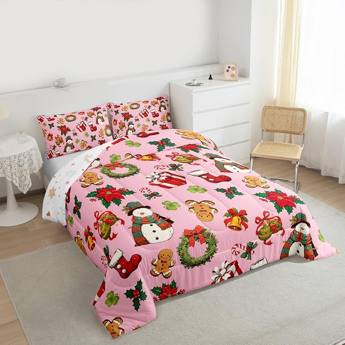 jejeloiu Merry Christmas Comforter Set Queen Size Cute Snowman Bedding Set for Kids Boys Girls Gingerbread Man Duvet Quilt Pink Bedroom Decor
