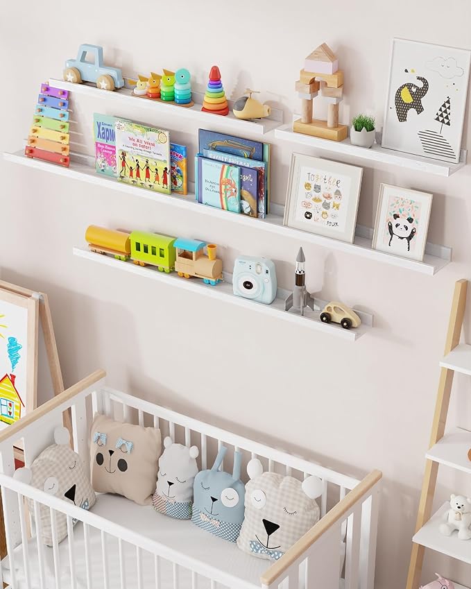 Axeman Oak Picture Ledge Shelf, 48 Inch Floating Shelves Set of 2, Solid Oak Wood Wall Shelves with Lip, Wall Decor Storage for Bedroom Living Room Bathroom Kitchen Nursery Photo Picture, White