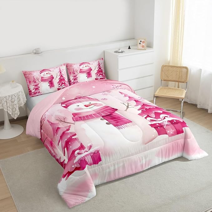 Feelyou Pink Christmas Comforter Set Toddler Size Snowman Bedding Set for Kids Boys Girls Cute Snowflake Duvet Quilt Merry Christmas Tree and Snowman Room Decor 2 Pcs with 1 Pillow Cases