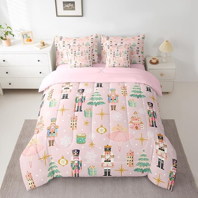 Erosebridal 7Pcs Pink Christmas Comforter Set Twin Size,Christmas Nutcracker Bedding Set,Dreamy Castle Princess Bed in A Bag,Xmas Galaxy Snow Quilt with Flat Fitted Sheet for Kids Boys Girls