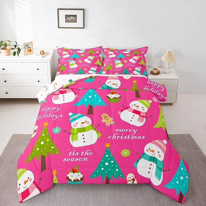 Erosebridal Christmas Kids Comforter Set Cartoon Snowman Quilts for Boys Girls Adults Xmas Tree Bedding Set Cartoon Snowflake Bedroom Decor Duvet Insert Toddler Size
