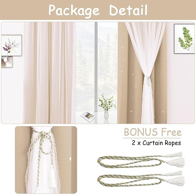 Kinryb Kids Blackout Curtains for Bedroom/Living Room/Classroom, Sheer Overlay Extra Long 2 Panel Set, Double Layer Curtains with Star Cutout for Kids Room(W 52 x L 108 Inches,Beige 2 Pcs)