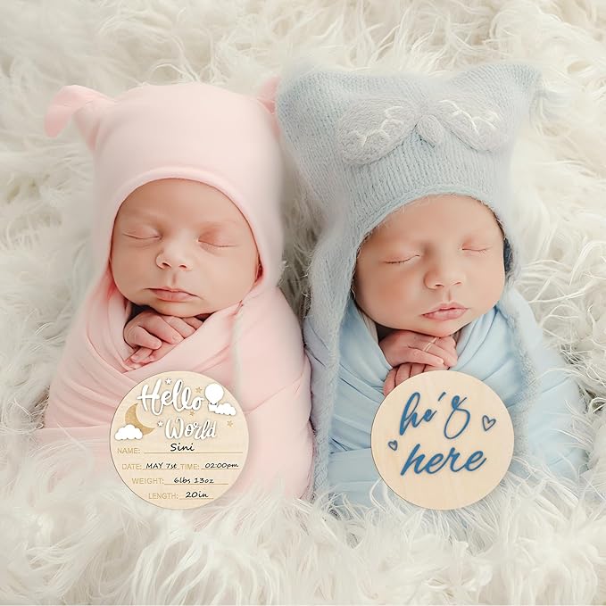 2PCS Hello World Newborn Sign and he's here, Gender Reveal Welcome baby Announcement Sign Board Wooden Birth Name Announcement Plaque and Pen for Baby Shower Photo Props Hospital Nursery