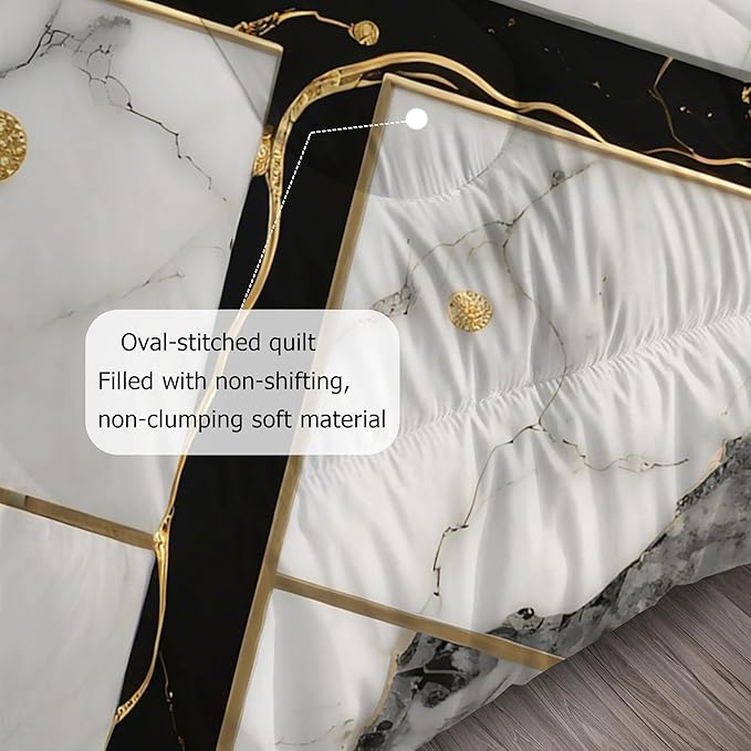Black and White Marble Comforter: Queen Size Geometric Abstract Bedding Sets Gold Lines Marbling Quilts for Bedroom Decor 3PC Bed Set 1 Comforter & 2 Pillowcases