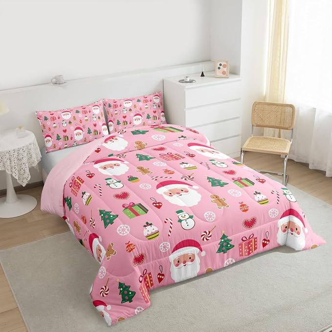 Feelyou Santa Claus Kids Comforter Set Twin Size Christmas Decor Bedding Set New Year Gift Duvet Quilt for Kids Boys Girls Bedroom Merry Christmas Decor Microfiber Ultra Soft Breathable
