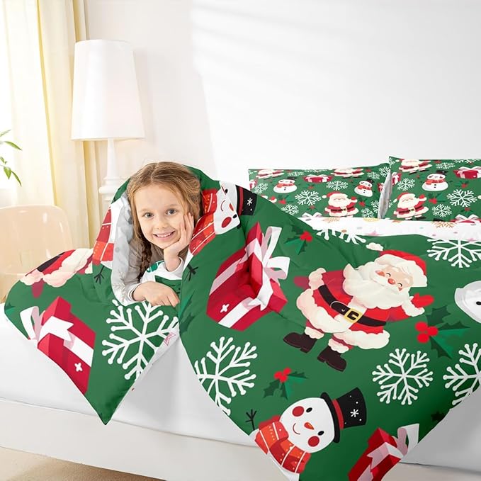 jejeloiu Merry Christmas Comforter Set King Size Xmas Santa Claus Bedding Set for Kids Boys Girls Cute Snowman Duvet Quilt Green Bedroom Decor