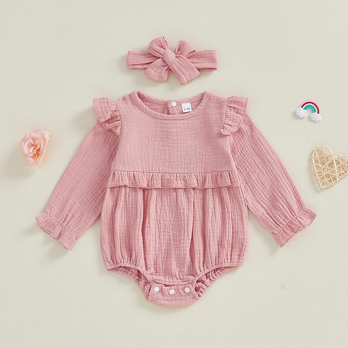 Newborn Infant Baby Girl Clothes Cotton Linen Long Sleeve Smocked Bubble Romper Ruffle Bodysuit Jumpsuit Fall Outfit