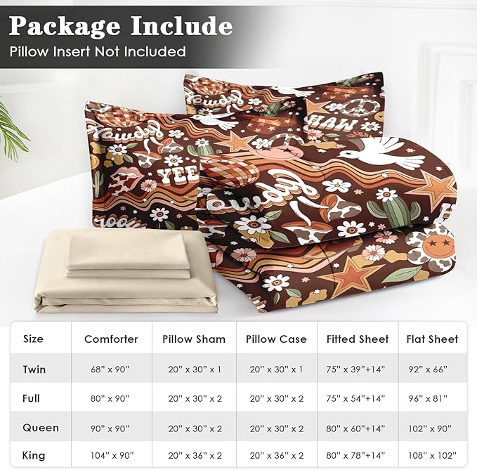 7 Pcs Full Size Comforter Set with 2 Pillowcases & 2 Shams, Western Hippie Cowgirl Bedding for Kids and Adults, West Boho Cowboy Bed in a Bag with Flat Fitted Sheet