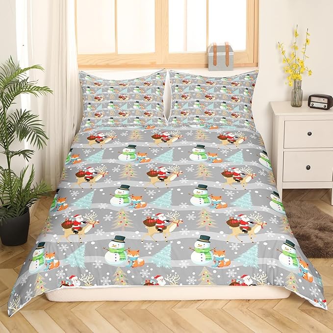 Christmas Duvet Cover Set King Size, Xmas Trees Snowman Santa Claus Comforter Cover with 2 Pillowcases, Winter Snowflake Grey Stripes Bedding Set for Kids Girls New Year Bedspread Cover,No Comforter