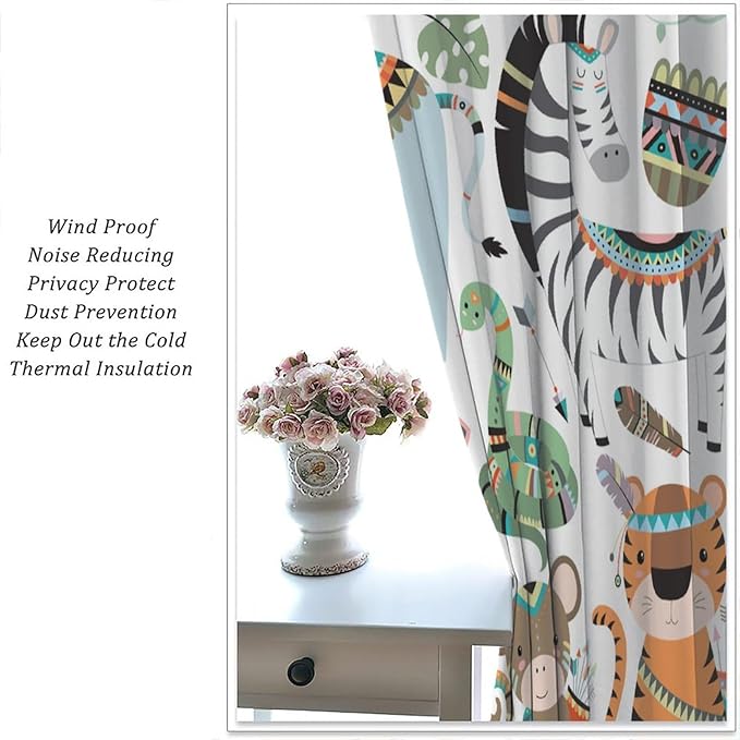 Jungle Tribal Animals Curtains, Southwest Aztec Cartoon Funny Zoo Animals Giraffe Lion Elephant Zebra Tiger Print Thermal Insulation Window Drapes for Kids Boys Girls Bedroom Living Room 42x45 Inch