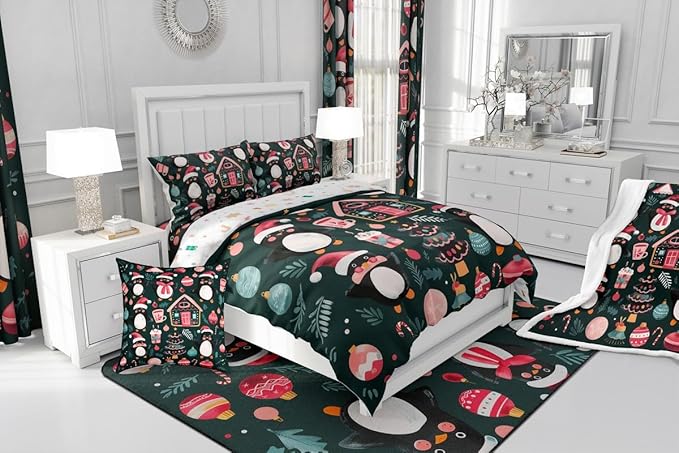 Feelyou Christmas Kids Comforter Set Toddler Size Xmas Tree Ball Bedding Set Penguin Duvet Quilt for Kids Boys Girls Bedroom Gingerbread Houses Decor Microfiber Ultra Soft Breathable