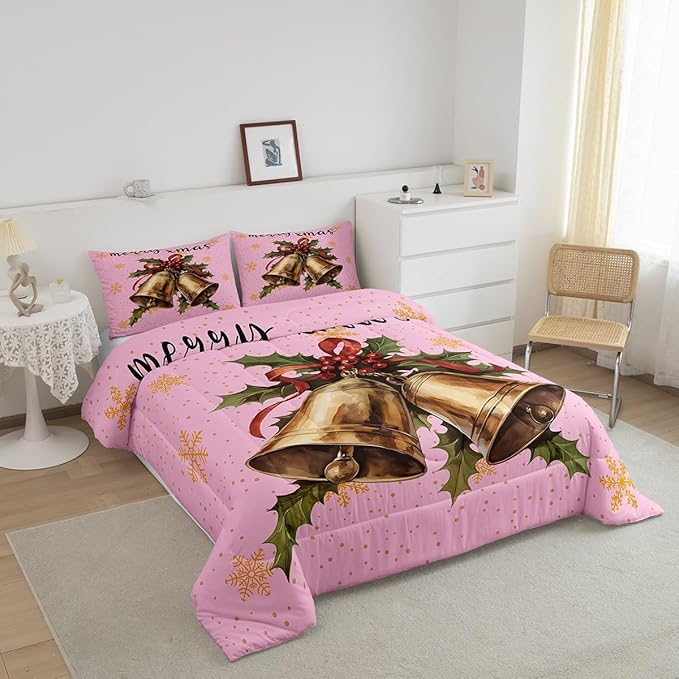 Erosebridal Merry Xmas Twin Kids Comforter Sets Christmas Bell Bedding Sets for Girls Happy New Year Theme Down Comforter for Boys Teens Snowflake Quilt Set,Pink