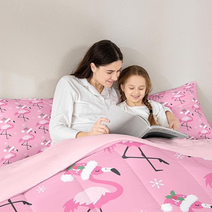 Merry Christmas Pink Bed Comforter Set Queen Size,Red Birds Wild Animal Super Soft Microfiber Bedding Set for Adults Teens,Flamingo Comforter Set,2 Pillowcases