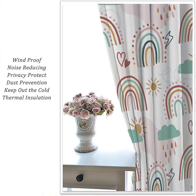 Kids Rainbow Curtains Boho Cartoon Colorful Stars Love Heart Lovely Abstract Art Pattern Print Window Drapes for Girl Bedroom Living Room Kitchen Decor,2 Panel Set,55Wx63H Inch Blackout