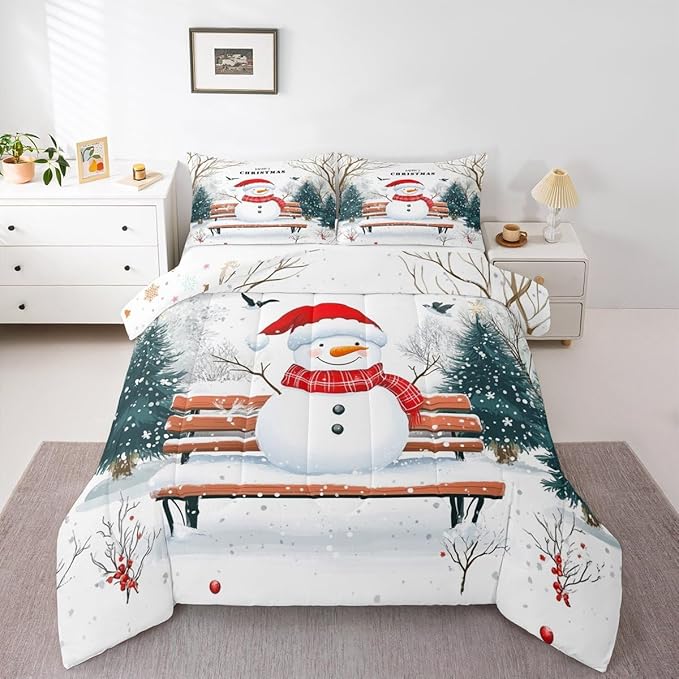 Feelyou Merry Christmas Comforter Set King Size Cute Snowman Bedding Set for Kids Boys Girls Snowflake Duvet Quilt Christmas Tree Bedroom Decor Microfiber 3 Pcs with 2 Pillow Cases
