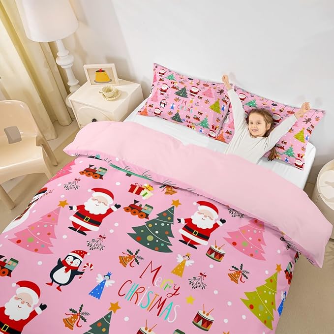 Christmas Bedding Duvet Cover Set Kids Santa Claus Xmas Theme Bedding Set Boys Girls Decor Christmas Tree Comforter Cover Set Microfiber Pink New Year Bedspread Cover Bedroom Bedclothes Twin Size