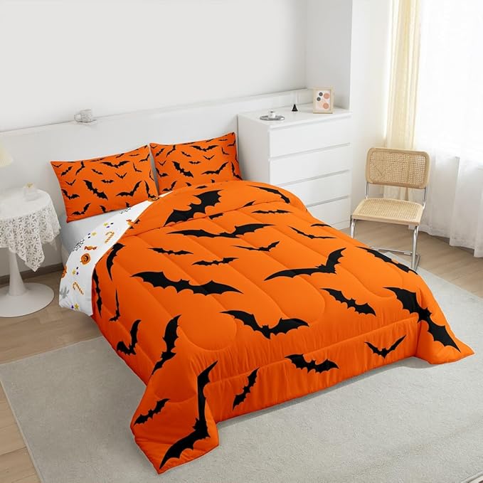 Erosebridal Halloween Comforter Set Gothic Bats Bedding Set Queen Size,Spooky Silhouette Bat Quilt for Kids Boys Girls Adults Flying Mysterious Animals Down Comforter,Horror Spooky Home Decor