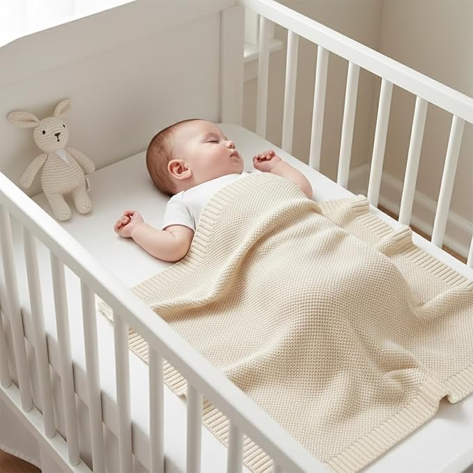 Baby Knit Blanket Soft Cotton Lightweight Newborn Blanket for Crib Stroller Toddler Nursery Shower Gift Cozy Breathable Travel Swaddle Wrap Cream 36 x 28 Inches