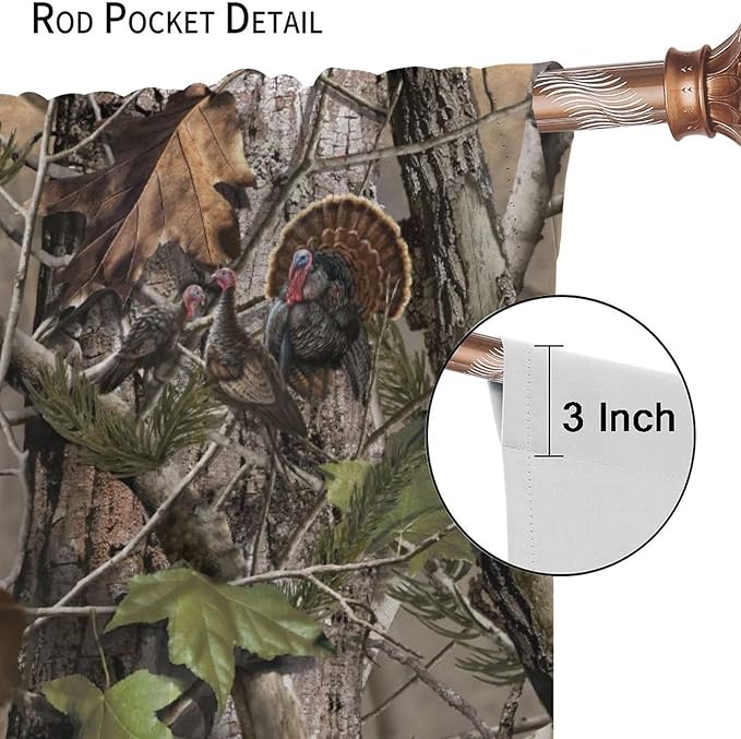 Retro Forest Window Curtains, Camouflage Hunting Tree Camo Rustic Deer Elk Bird Bear Blackout Rod Pocket Windows Door Curtain for Bedroom Living Room Home Decor 63x63in
