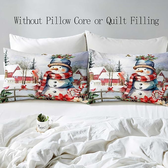 LUVIVIHOME 3PCS Cute Snowman Duvet Cover Queen Bedding Sets, Christmas Bedding, Red Bird Cardinal Poinsettia Winter Holiday New Year Xmas Gifts Christmas Comforter Bedspread Quilt Cover 2 Pillow Shams