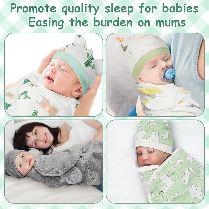 Ramede 6 Pack Preemie Swaddle Blanket with Hats Sleep Swaddle for Baby Boy Girl Preemie Newborn Sacks Soft Cotton Wearable(Alpaca,Green)